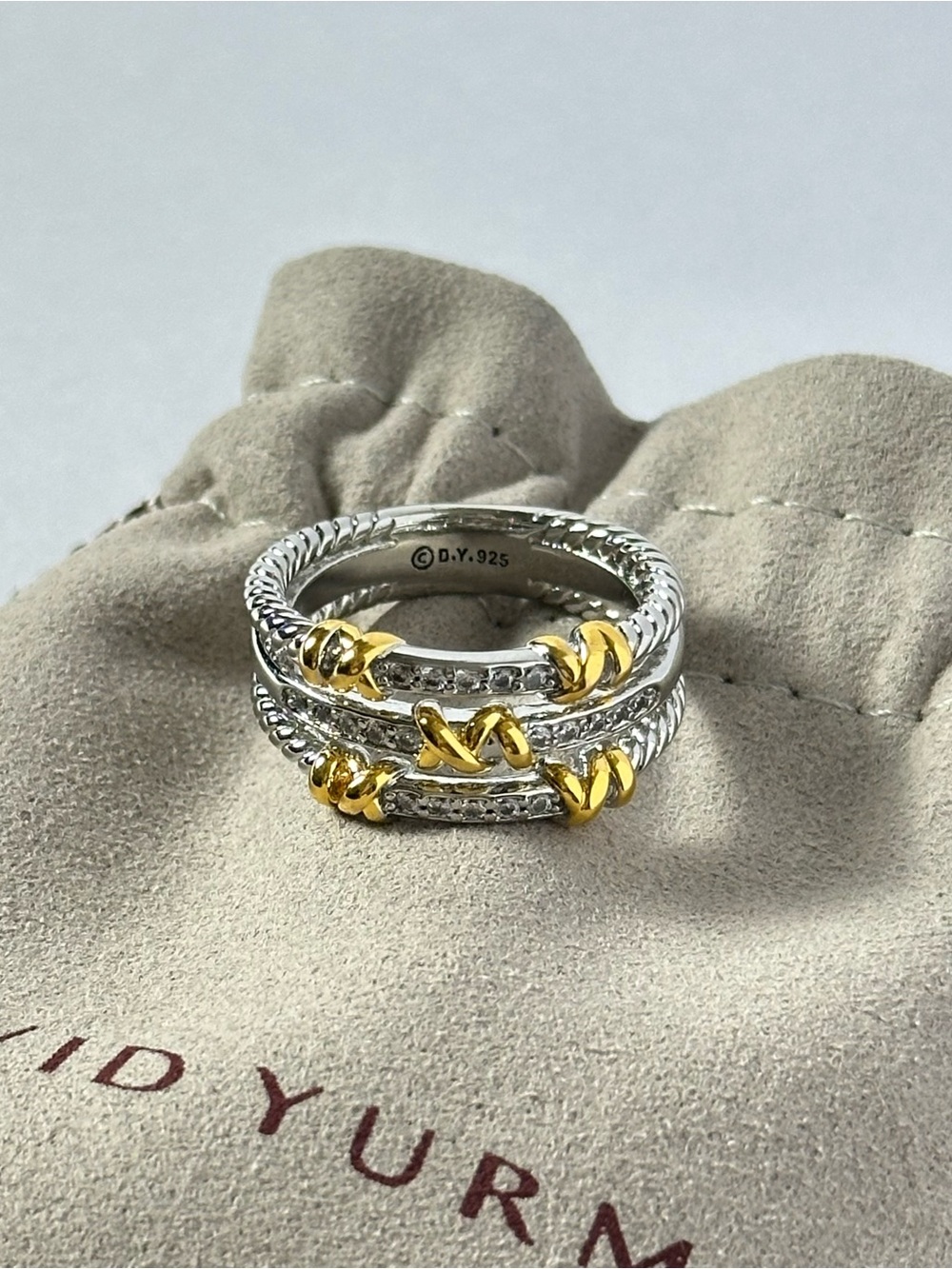 David Yurman Sterling Silver Petite Helena Wrap Three Row Pave Ring with Gold